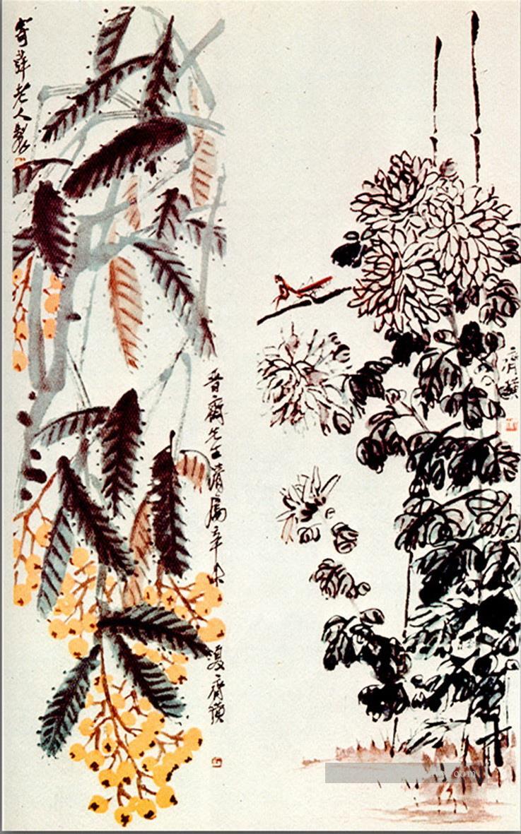 Qi Baishi chrysanthème et Loquat vieille Chine à l’encre Peintures à l'huile
